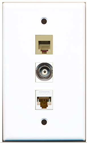 RiteAV - 1 Port Phone RJ11 RJ12 Beige and 1 Port BNC and 1 Port Cat6 Ethernet White Wall Plate