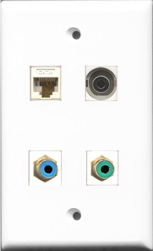 RiteAV 1 Port RCA Green and 1 Port RCA Blue and 1 Port 3.5mm and 1 Port Cat6 Ethernet White Wall Plate