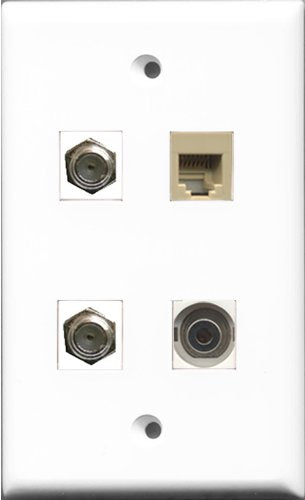 RiteAV - 2 Port Coax Cable TV- F-Type and 1 Port Phone RJ11 RJ12 Beige and 1 Port 3.5mm Wall Plate