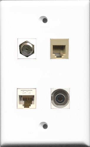 RiteAV 1 Port Coax Cable TV- F-Type and 1 Port Phone RJ11 RJ12 Beige and 1 Port 3.5mm and 1 Port Cat6 Ethernet White Wall Plate