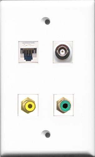 RiteAV - 1 Port RCA Yellow and 1 Port RCA Green and 1 Port BNC and 1 Port Cat5e Ethernet White Wall Plate