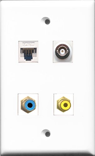 RiteAV - 1 Port RCA Yellow and 1 Port RCA Blue and 1 Port BNC and 1 Port Cat5e Ethernet White Wall Plate