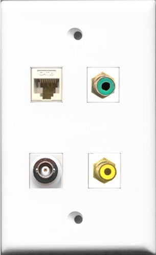 RiteAV 1 Port RCA Yellow and 1 Port RCA Green and 1 Port BNC and 1 Port Cat6 Ethernet White Wall Plate