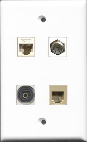 RiteAV 1 Port Coax Cable TV- F-Type and 1 Port Phone RJ11 RJ12 Beige and 1 Port Toslink and 1 Port Cat6 Ethernet White Wall Plate