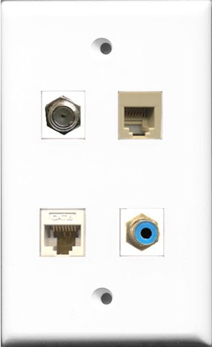 RiteAV 1 Port RCA Blue and 1 Port Coax Cable TV- F-Type and 1 Port Phone RJ11 RJ12 Beige and 1 Port Cat6 Ethernet White Wall Plate