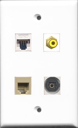 RiteAV 1 Port RCA Yellow and 1 Port Phone RJ11 RJ12 Beige and 1 Port Toslink and 1 Port Cat5e Ethernet White Wall Plate