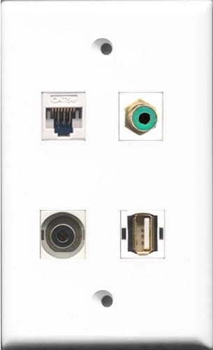 RiteAV 1 Port RCA Green and 1 Port USB A-A and 1 Port 3.5mm and 1 Port Cat5e Ethernet White Wall Plate