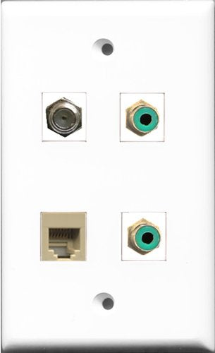 RiteAV - 2 Port RCA Green and 1 Port Coax Cable TV- F-Type and 1 Port Phone RJ11 RJ12 Beige Wall Plate