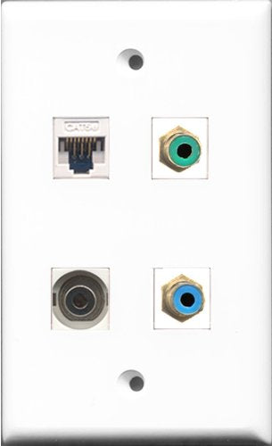 RiteAV 1 Port RCA Green and 1 Port RCA Blue and 1 Port 3.5mm and 1 Port Cat5e Ethernet White Wall Plate