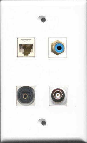 RiteAV 1 Port RCA Blue and 1 Port Toslink and 1 Port BNC and 1 Port Cat6 Ethernet White Wall Plate