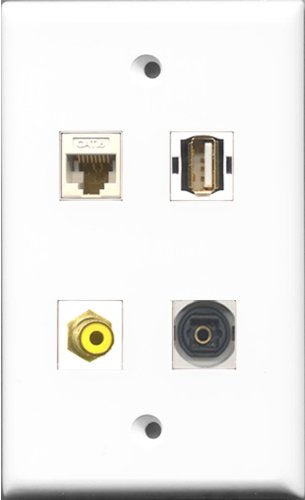 RiteAV 1 Port RCA Yellow and 1 Port USB A-A and 1 Port Toslink and 1 Port Cat6 Ethernet White Wall Plate