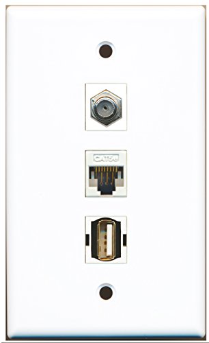 RiteAV - 1 Port Coax Cable TV- F-Type and 1 Port USB A-A and 1 Port Cat5e Ethernet White Wall Plate