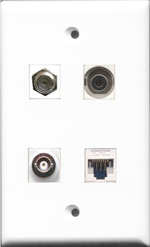 RiteAV 1 Port Coax Cable TV- F-Type and 1 Port 3.5mm and 1 Port BNC and 1 Port Cat5e Ethernet White Wall Plate