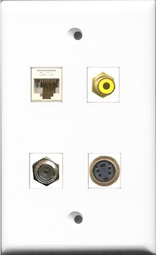 RiteAV 1 Port RCA Yellow and 1 Port Coax Cable TV- F-Type and 1 Port S-Video and 1 Port Cat6 Ethernet White Wall Plate