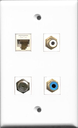 RiteAV 1 Port RCA White and 1 Port RCA Blue and 1 Port Coax Cable TV- F-Type and 1 Port Cat6 Ethernet White Wall Plate