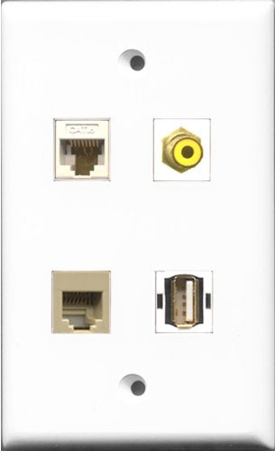 RiteAV 1 Port RCA Yellow and 1 Port USB A-A and 1 Port Phone RJ11 RJ12 Beige and 1 Port Cat6 Ethernet White Wall Plate