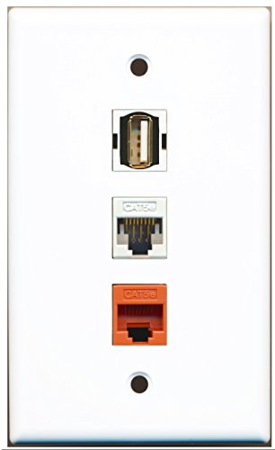 RiteAV - 1 Port USB A-A 1 Cat5e Ethernet White 1 Cat5e Ethernet Orange Wall Plate