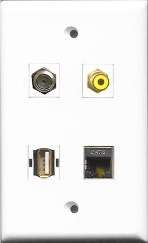 RiteAV 1 Port RCA Yellow and 1 Port Coax Cable TV- F-Type and 1 Port USB A-A and 1 Port Shielded Cat6 Ethernet Wall Plate