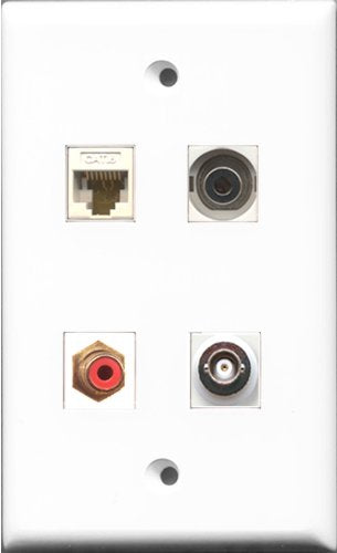 RiteAV 1 Port RCA Red and 1 Port 3.5mm and 1 Port BNC and 1 Port Cat6 Ethernet White Wall Plate