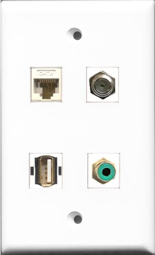 RiteAV 1 Port RCA Green and 1 Port Coax Cable TV- F-Type and 1 Port USB A-A and 1 Port Cat6 Ethernet White Wall Plate