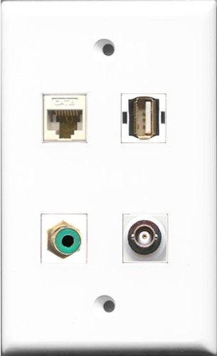 RiteAV 1 Port RCA Green and 1 Port USB A-A and 1 Port BNC and 1 Port Cat6 Ethernet White Wall Plate
