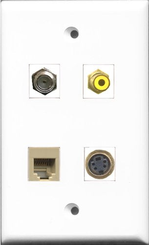 RiteAV 1 Port RCA Yellow and 1 Port Coax Cable TV- F-Type and 1 Port Phone RJ11 RJ12 Beige and 1 Port S-Video Wall Plate