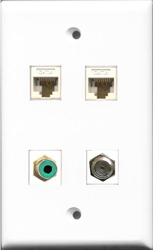 RiteAV 1 Port RCA Green and 1 Port Coax Cable TV- F-Type 2 Port Cat6 Ethernet White Wall Plate