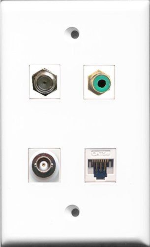 RiteAV 1 Port RCA Green and 1 Port Coax Cable TV- F-Type and 1 Port BNC and 1 Port Cat5e Ethernet White Wall Plate
