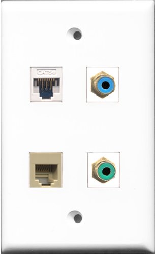 RiteAV 1 Port RCA Green and 1 Port RCA Blue and 1 Port Phone RJ11 RJ12 Beige and 1 Port Cat5e Ethernet White Wall Plate