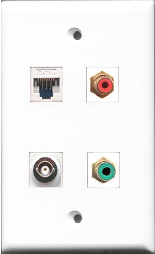 RiteAV 1 Port RCA Red and 1 Port RCA Green and 1 Port BNC and 1 Port Cat5e Ethernet White Wall Plate