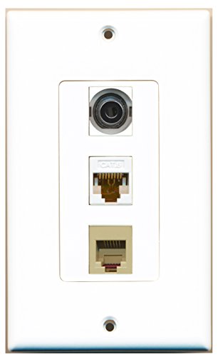 RiteAV - 1 Port Phone RJ11 RJ12 Beige and 1 Port 3.5mm and 1 Port Cat6 Ethernet White Decorative Wall Plate Decorative