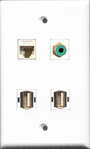 RiteAV 1 Port RCA Green 2 Port USB A-A and 1 Port Cat6 Ethernet White Wall Plate