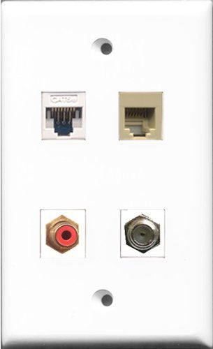 RiteAV 1 Port RCA Red and 1 Port Coax Cable TV- F-Type and 1 Port Phone RJ11 RJ12 Beige and 1 Port Cat5e Ethernet White Wall Plate