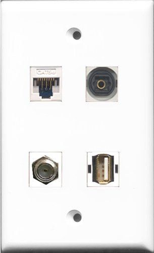 RiteAV 1 Port Coax Cable TV- F-Type and 1 Port USB A-A and 1 Port Toslink and 1 Port Cat5e Ethernet White Wall Plate