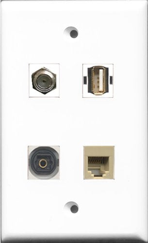 RiteAV 1 Port Coax Cable TV- F-Type and 1 Port USB A-A and 1 Port Phone RJ11 RJ12 Beige and 1 Port Toslink Wall Plate