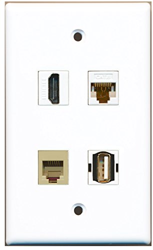 RiteAV - 1 Port HDMI 1 Port USB A-A 1 Port Phone RJ11 RJ12 Beige 1 Port Cat6 Ethernet White Wall Plate