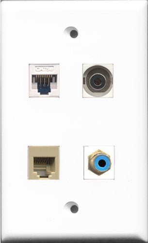 RiteAV - 1 Port RCA Blue and 1 Port Phone RJ11 RJ12 Beige and 1 Port 3.5mm and 1 Port Cat5e Ethernet White Wall Plate