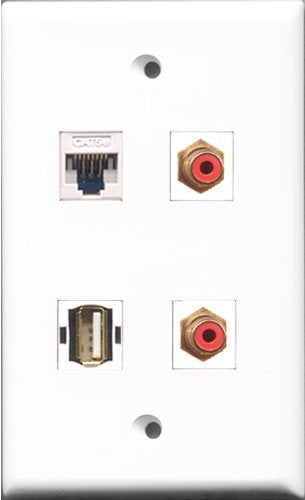 RiteAV - 2 Port RCA Red and 1 Port USB A-A and 1 Port Cat5e Ethernet White Wall Plate