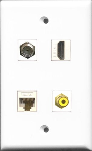 RiteAV 1 Port HDMI and 1 Port RCA Yellow and 1 Port Coax Cable TV- F-Type and 1 Port Cat6 Ethernet White Wall Plate