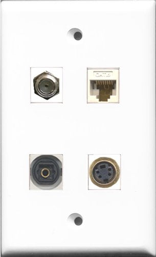 RiteAV 1 Port Coax Cable TV- F-Type and 1 Port S-Video and 1 Port Toslink and 1 Port Cat6 Ethernet White Wall Plate
