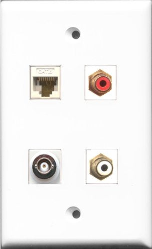 RiteAV 1 Port RCA Red and 1 Port RCA White and 1 Port BNC and 1 Port Cat6 Ethernet White Wall Plate