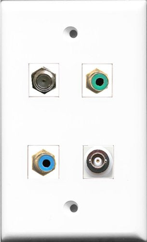 RiteAV 1 Port RCA Green and 1 Port RCA Blue and 1 Port Coax Cable TV- F-Type and 1 Port BNC Wall Plate