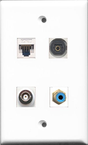 RiteAV 1 Port RCA Blue and 1 Port Toslink and 1 Port BNC and 1 Port Cat5e Ethernet White Wall Plate