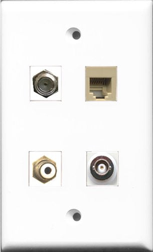 RiteAV 1 Port RCA White and 1 Port Coax Cable TV- F-Type and 1 Port Phone RJ11 RJ12 Beige and 1 Port BNC Wall Plate
