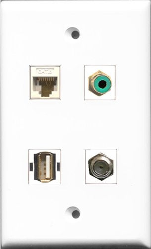 RiteAV 1 Port RCA Green and 1 Port Coax Cable TV- F-Type and 1 Port USB A-A and 1 Port Cat6 Ethernet White Wall Plate