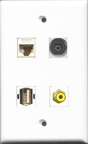 RiteAV 1 Port RCA Yellow and 1 Port USB A-A and 1 Port Toslink and 1 Port Cat6 Ethernet White Wall Plate