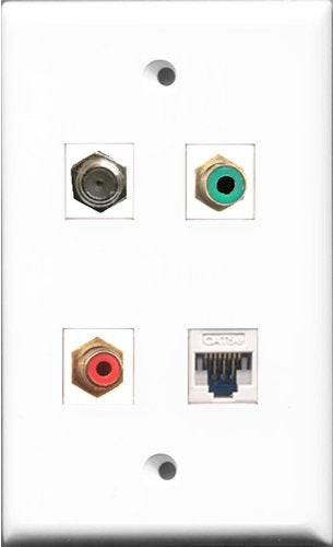 RiteAV 1 Port RCA Red and 1 Port RCA Green and 1 Port Coax Cable TV- F-Type and 1 Port Cat5e Ethernet White Wall Plate