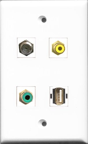 RiteAV 1 Port RCA Yellow and 1 Port RCA Green and 1 Port Coax Cable TV- F-Type and 1 Port USB A-A Wall Plate