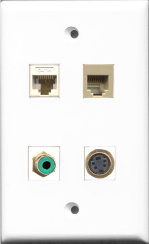 RiteAV 1 Port RCA Green and 1 Port Phone RJ11 RJ12 Beige and 1 Port S-Video and 1 Port Cat6 Ethernet White Wall Plate