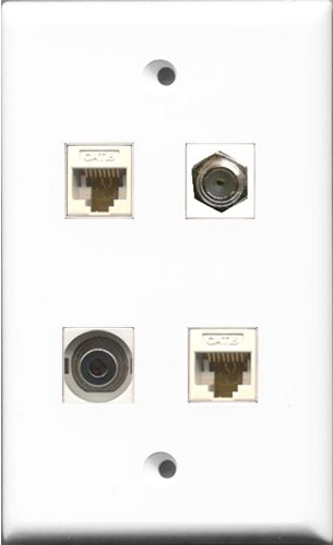 RiteAV 1 Port Coax Cable TV- F-Type and 1 Port 3.5mm 2 Port Cat6 Ethernet White Wall Plate